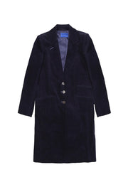 A dark navy blue coat with a three-button front closure, displayed flat against a white background.