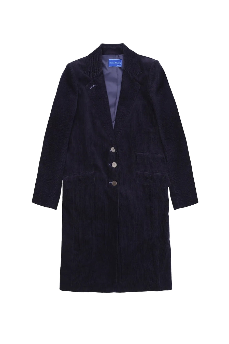 A dark navy blue coat with a three-button front closure, displayed flat against a white background.