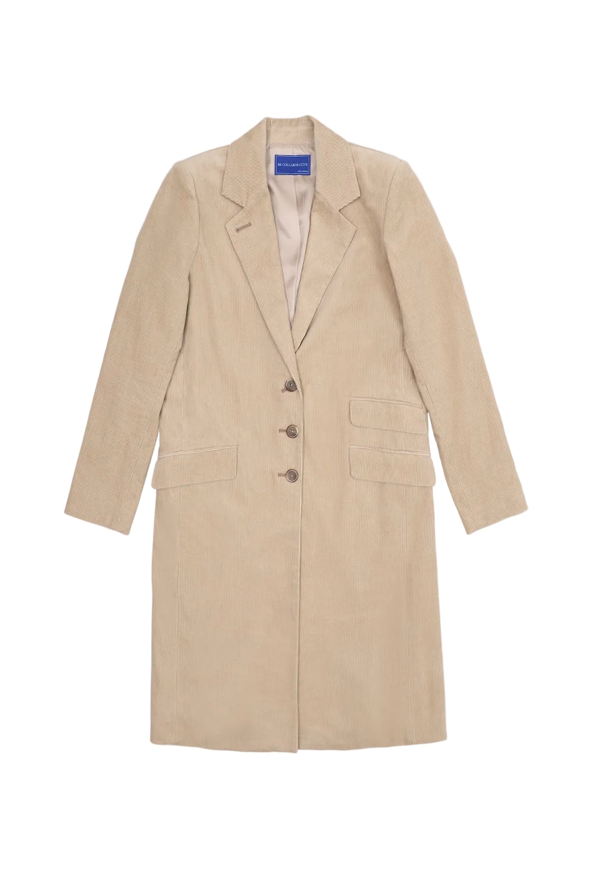 A light tan coat with a three-button front closure, displayed flat against a white background.