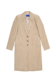 A light tan coat with a three-button front closure, displayed flat against a white background.