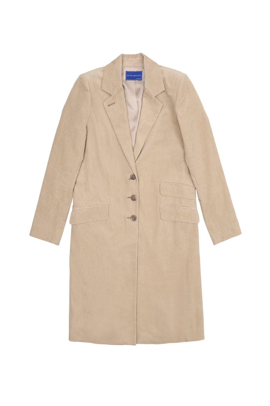 A light tan coat with a three-button front closure, displayed flat against a white background.
